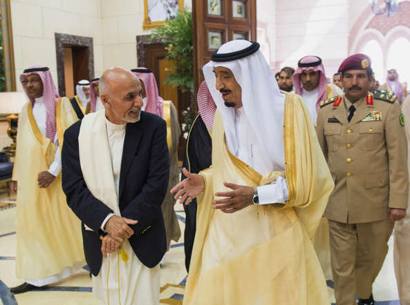 File photo provided by the Saudi Press Agency, Saudi Arabia's Crown Prince Salman bin Abdulaziz Al Saud, center, talks with Afghanistan's President Ashraf Ghani in Riyadh, Saudi Arabia.