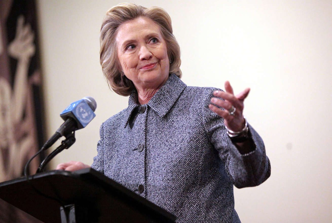 Former United States Secretary of State Hillary Clinton speaks to the media after keynoting a Women's Empowerment Event at the United Nations on March 10, 2015 in New York City.