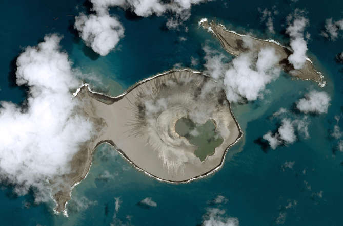 Mandatory Credit: Photo by Pleiades/CNES/SIPA/REX (4520116c)
The post-eruption satellite view after the island on the left became joined to the crater which created a larger land mass .
New Pacific island off Tonga