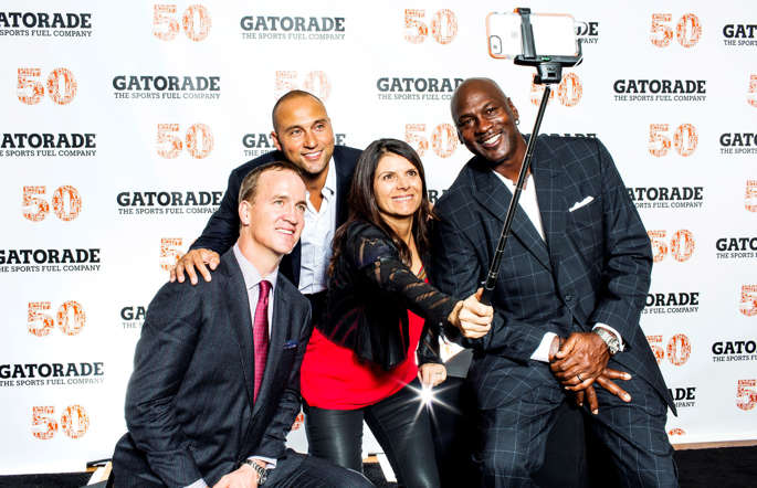 Sports icons Michael Jordan, Peyton Manning Mia Hamm and Derek Jeter are seen taking an all-star selfie at Gatorade’s 50th anniversary celebration, Saturday, January 31, 2015, in Paradise Valley, AZ.  The sports fueling company celebrated with an all-star lineup of athletes in recognition of the brand’s history.