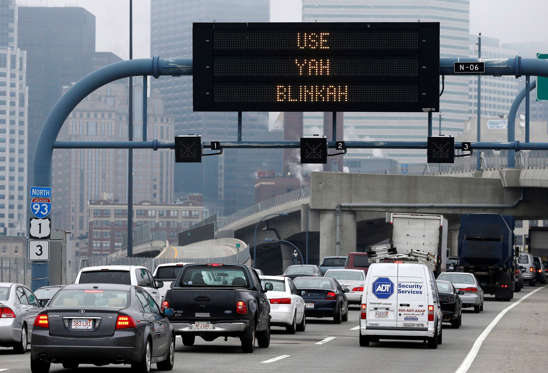 An electronic highway sign is seen on Interstate 93 in Boston, Friday, May 9, 2014.  Michael Dwyer/AP Photo