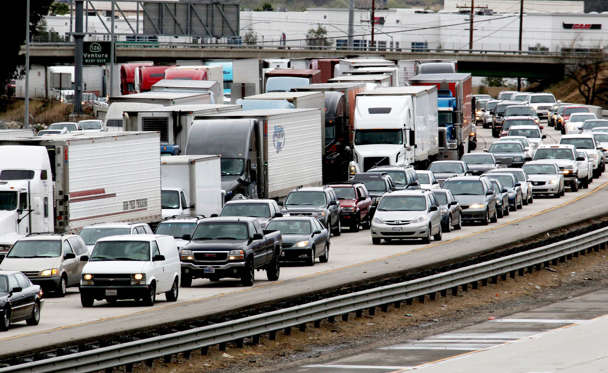 Northbound traffic on Interstate 5 in Santa Clarita on Monday, Feb. 27, 2012, face long delays as a cold storm moving across Southern California froze traffic, slowing or stranding thousands of motorists. Nick Ut/AP