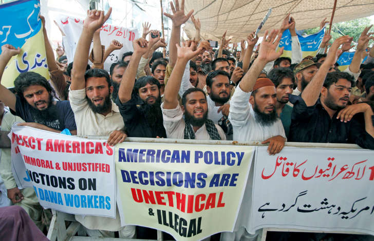 Supporters of the Jamaat-ud-Dawa organisation chant slogans during a protest in Lahore, Pakistan.
