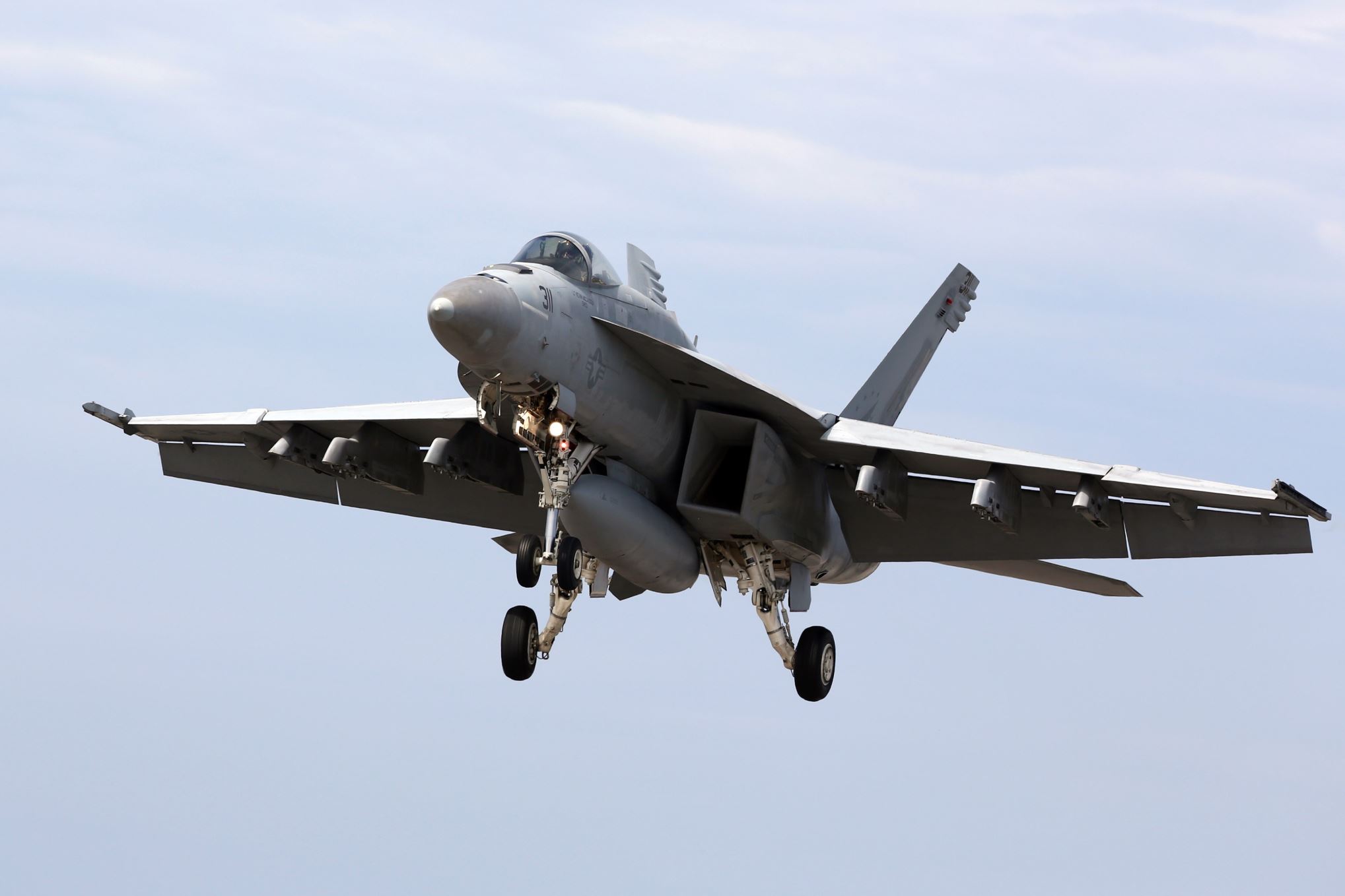 In this May 14, 2014 file photo, a U.S. Navy F/A-18 Super Hornet lands during the Field Carrier Landing Practice of the Carrier Air Wing 5 of U.S. Naval Air Facility Atsugi on May 14, 2014 in Iwojima, Tokyo, Japan.
