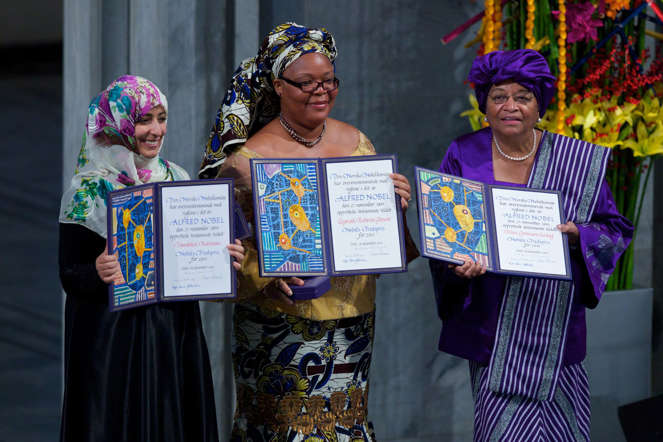 The Nobel statutes say the awards can be split among multiple winners but in no case "may a prize amount be divided between more than three persons."      In Picture: (L-R) Joint winners Yemeni journalist and activist Tawakul Karman, Liberian activist Leymah Gbowee and Liberian President Ellen Johnson Sirleaf shared the prize in 2011.