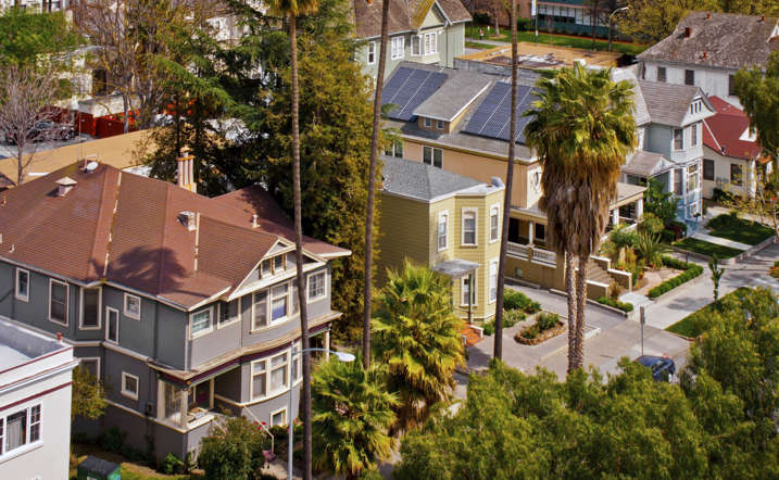 A high angle view of a row of Victorian style houses in San Jose, Calif.