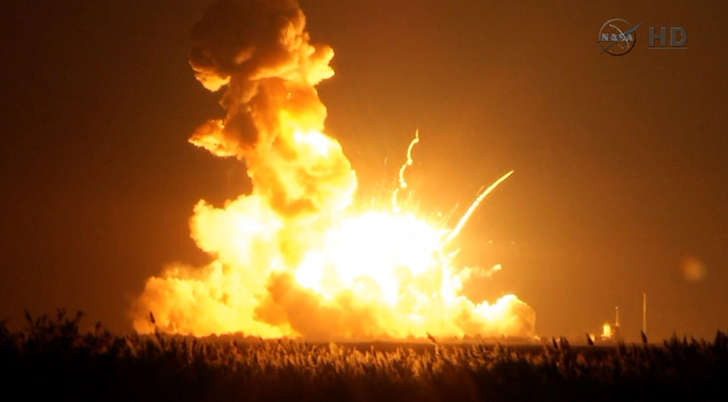 An unmanned Antares rocket is seen exploding seconds after lift off from a commercial launch pad in this still image from NASA video at Wallops Island, Virginia October 28, 2014. The 14-story rocket, built and launched by Orbital Sciences Corp, bolted off its seaside launch pad at the Wallops Flight Facility at 6:22 p.m. EDT/2222 GMT. It exploded seconds later. The cause of the accident was not immediately available.