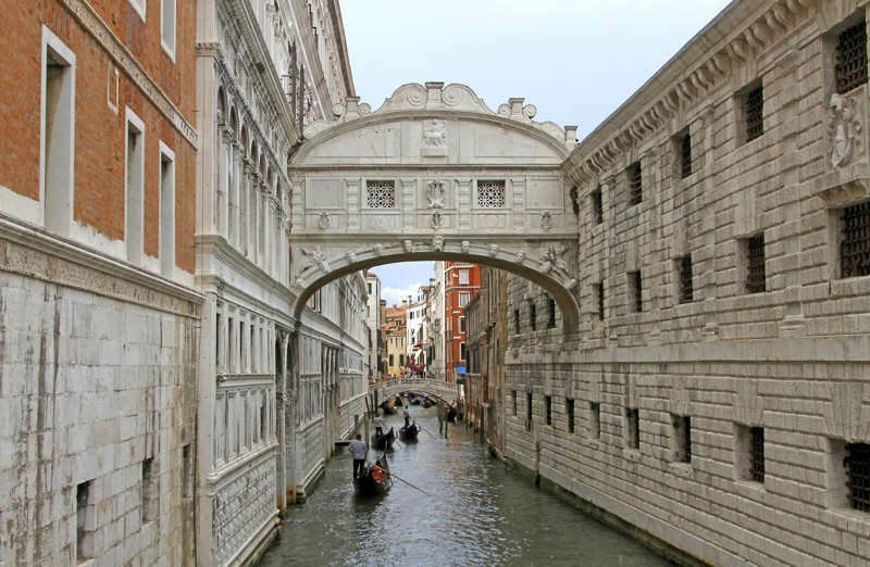Great Bridge of sighs in Venice with gondolas on the Canal