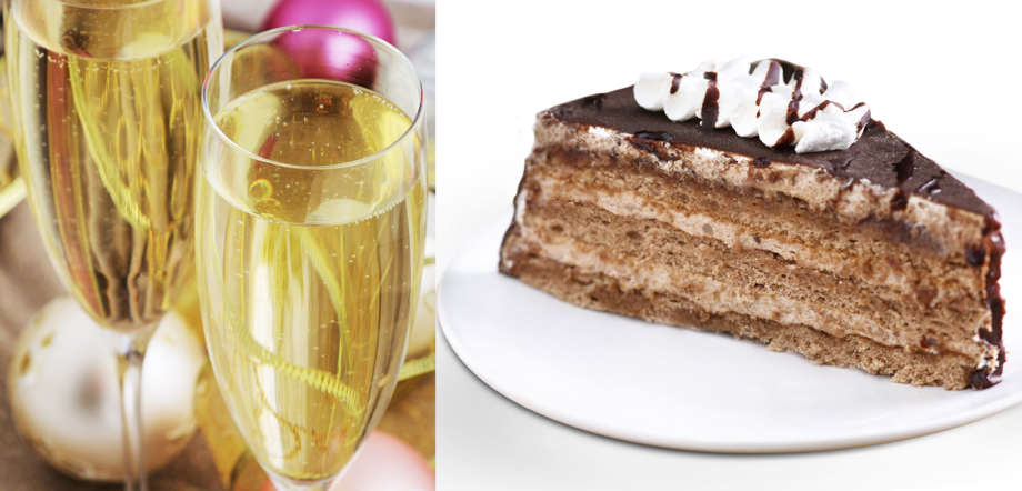 A couple of champagne glasses contain 380 calories and for which you could also tuck into a slice of chocolate cake.