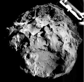The picture released by the European Space Agency ESA on Nov. 12, 2014 was taken by the ROLIS instrument on Rosetta's Philae lander during descent from a distance of approximately 3 km from the 4-kilometer-wide (2.5-mile-wide) 67P/Churyumov-Gerasimenko comet.
