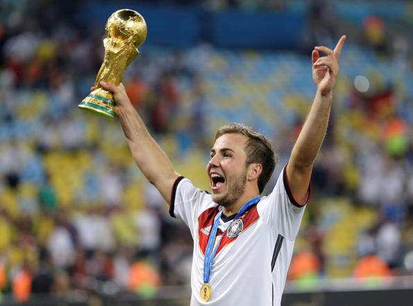 13 THÁNG BẢY: ĐỨC VÔ ĐỊCH FIFA WORLD CUP 2014 Mario Götze của đội bóng Đức giương cao chiếc cúp của Giải bóng đá Thế giới World Cup sau khi ghi bàn thắng quyết định giúp đội anh giành chiến thắng 1-0 trước Argentina trong trận chung kết World Cup tại Sân vận động Maracanã, Rio de Janeiro, Brazil.