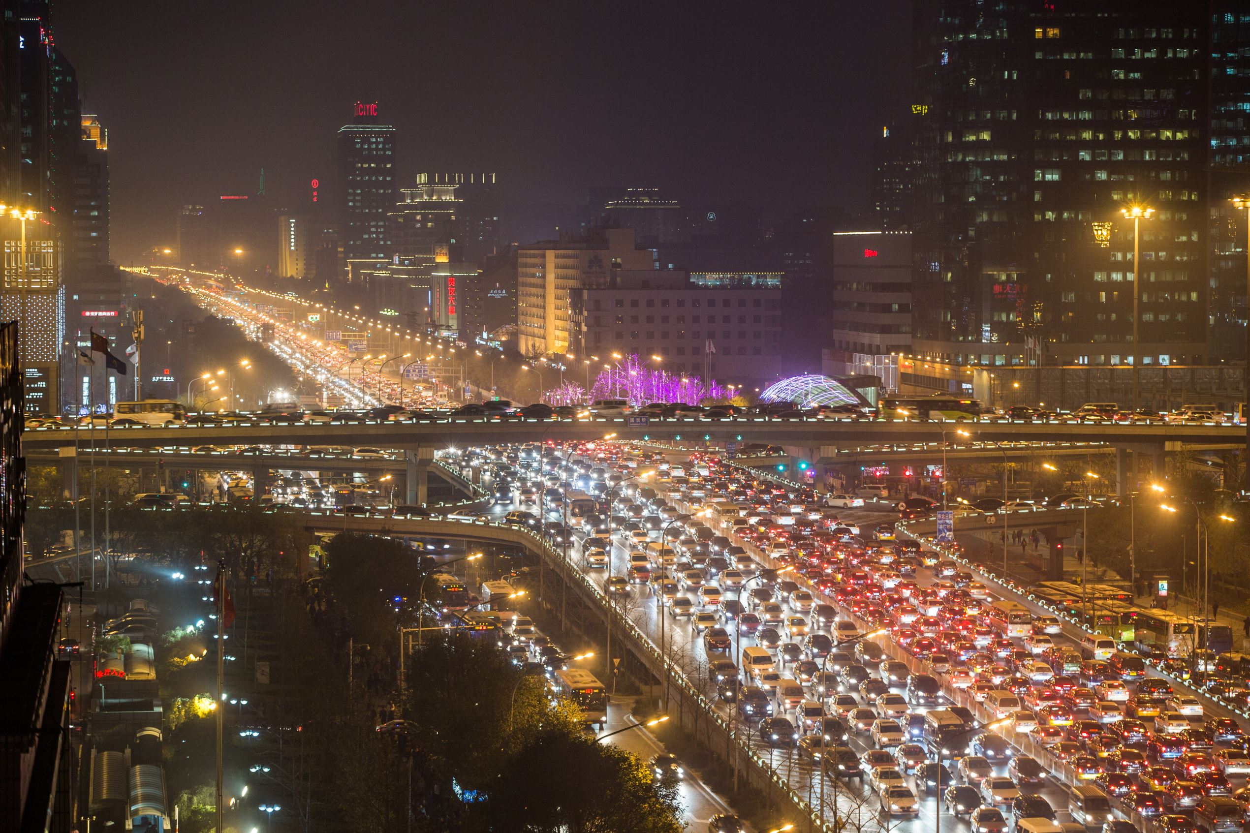 A general view of traffic in Beijing rush hour at Beijing Guomao (International Trade Center) CBD area on November 28, 2014 in Beijing, China.