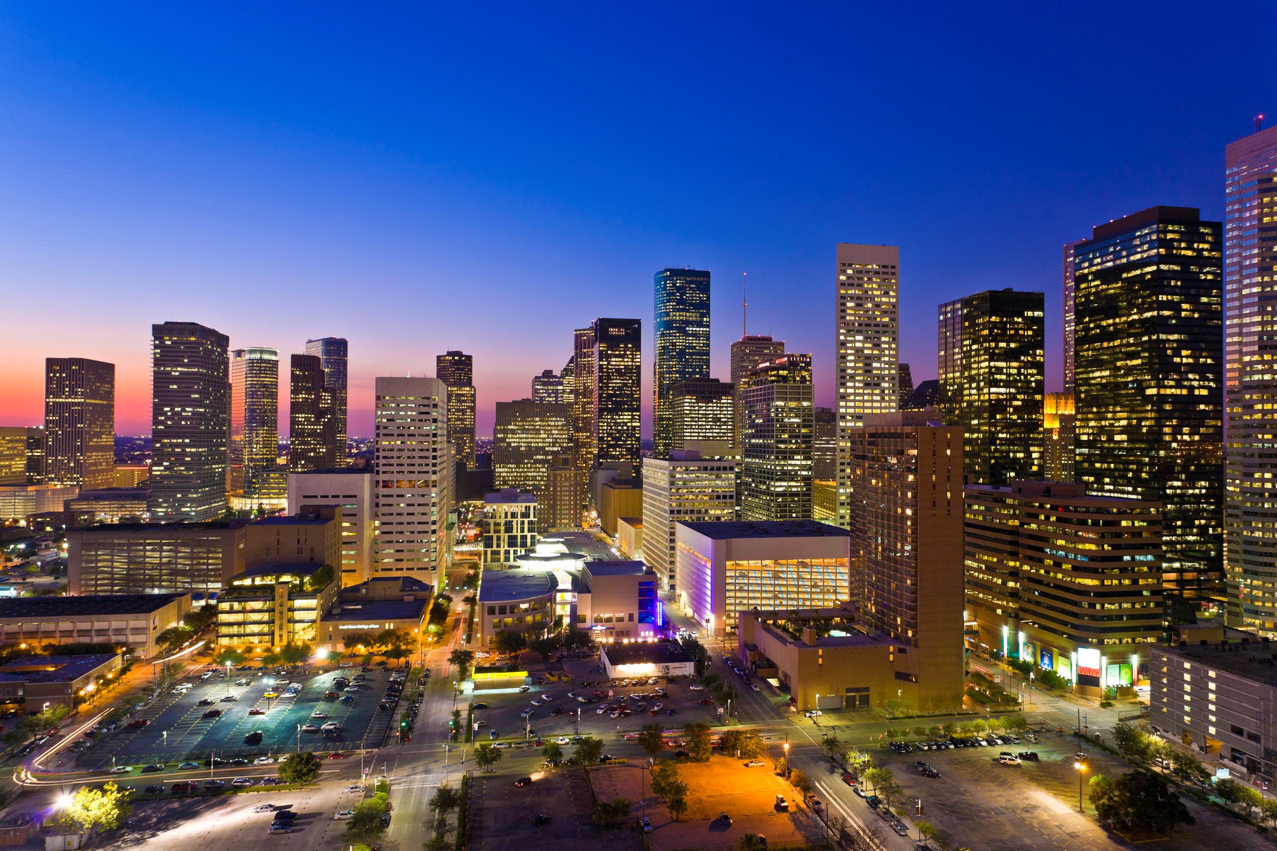 Houston skyline at dusk.
