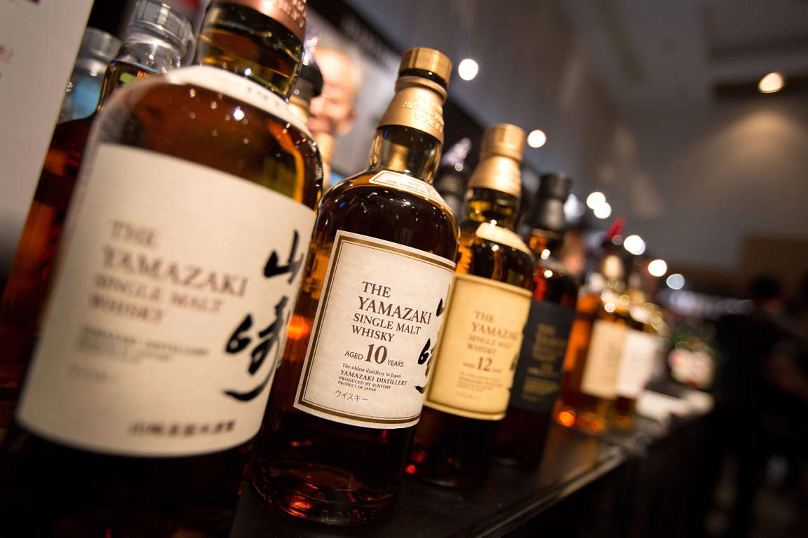 Bottles of award-winning Japanese Suntory Yamazaki single malt whisky, on display at the 'Whisky Live Tokyo 2012, Tokyo International Bar Show', on May 5, 2012 in Tokyo, Japan.