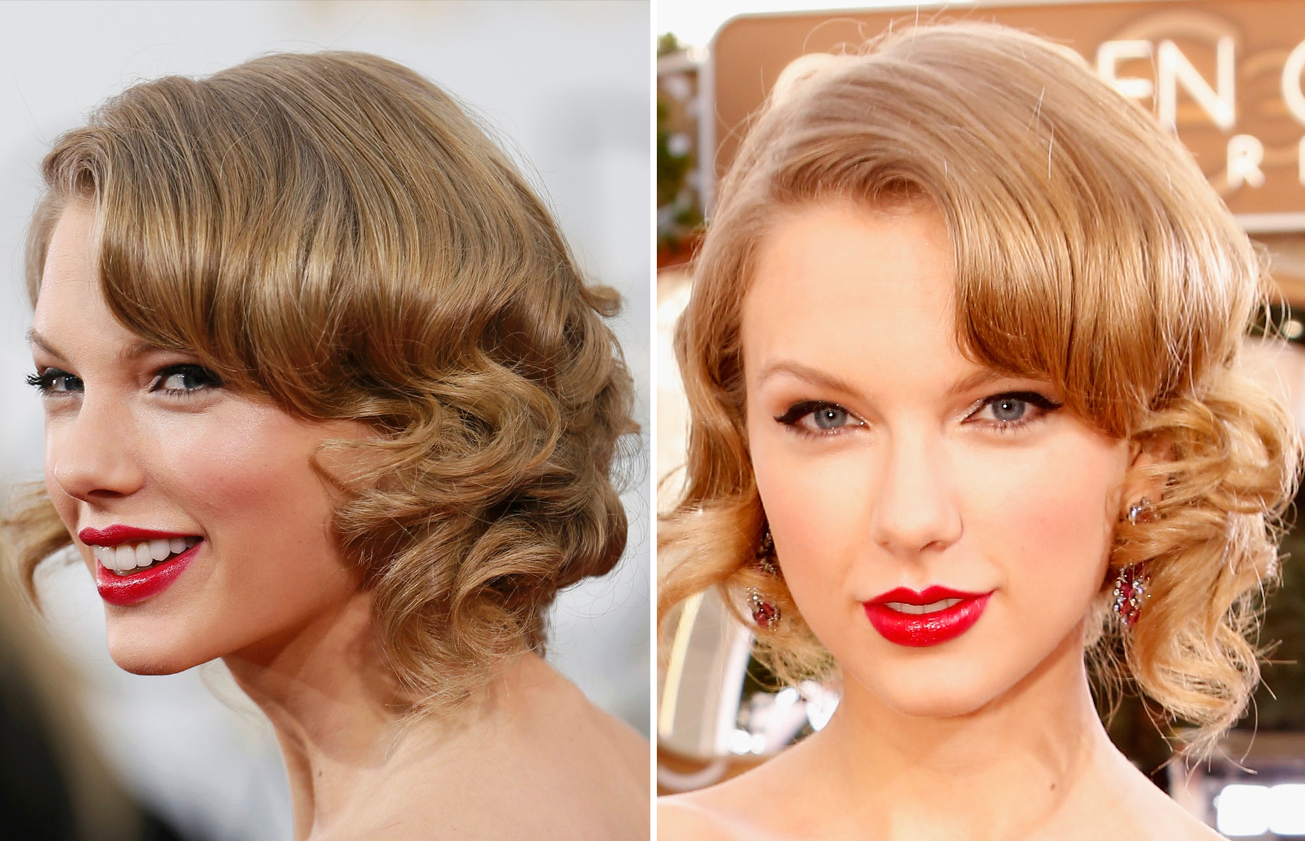 A faux bob with tight curls and scarlet lips lent an air of sophistication to Swift&rsquo;s look at the 2014 Golden Globes.