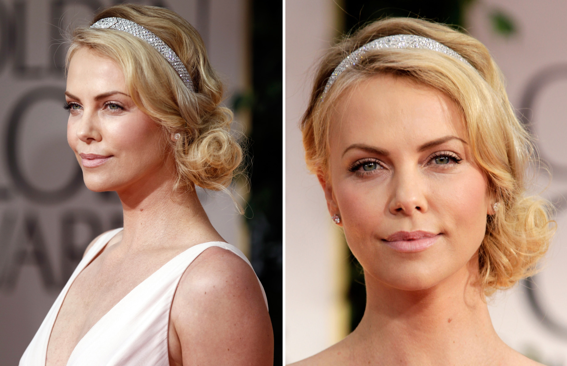 The actress glowed in her pale pink makeup at the 2012 Golden Globes. Her romantic hairdo, accessorised with a dazzling hairband, was just perfect.