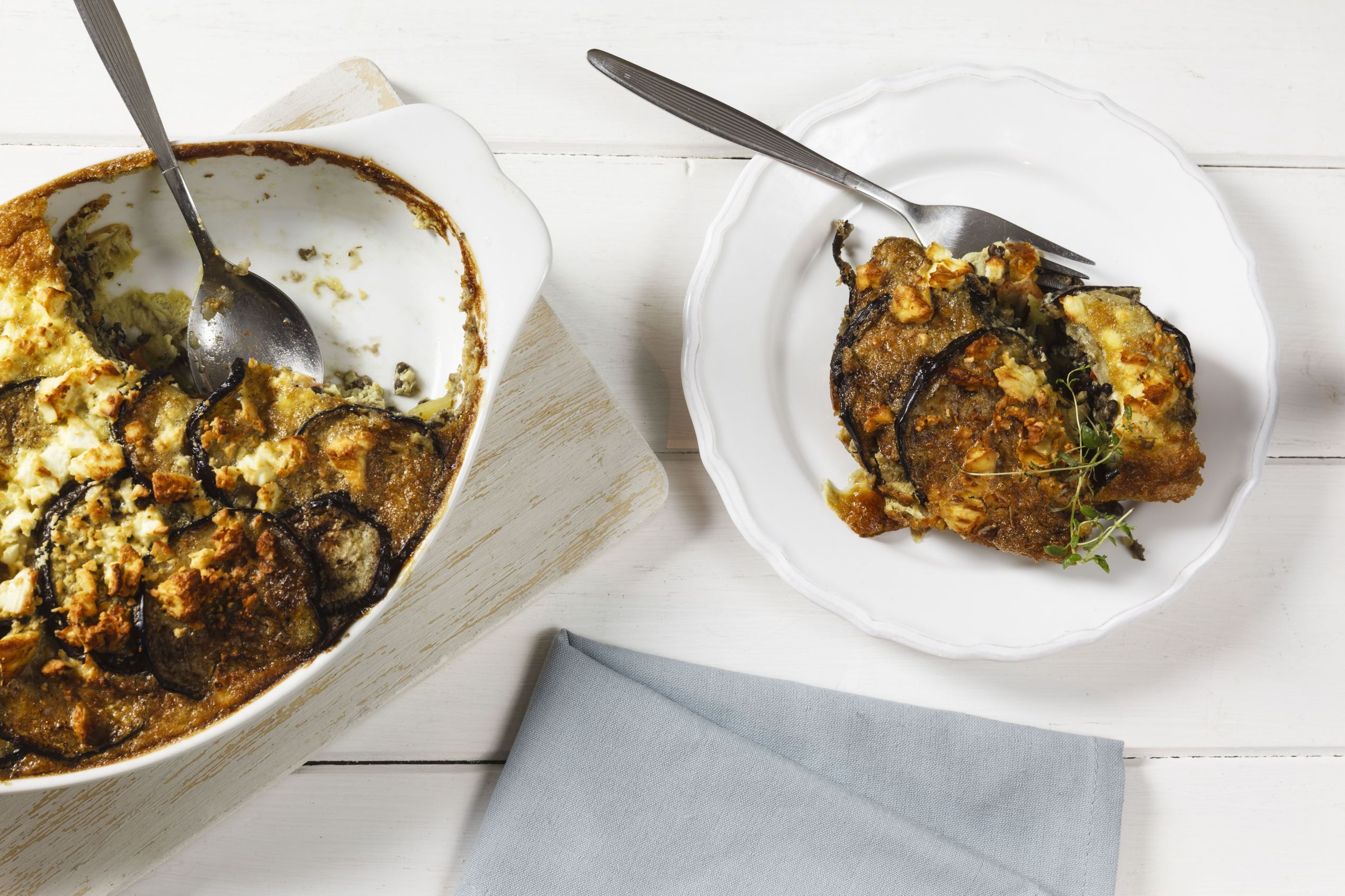 Vegetarian moussaka with aubergines, potatoes and lentils