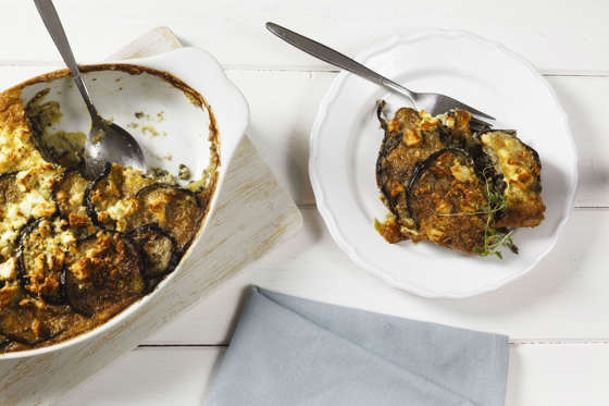 Vegetarian moussaka with aubergines, potatoes and lentils