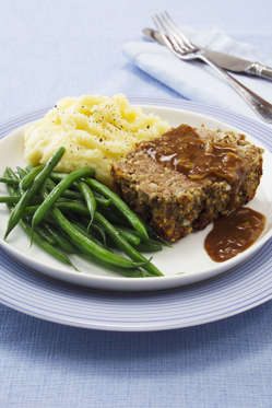 Beef and Horseradish Meat Loaf with mashed potato, green beans and gravy