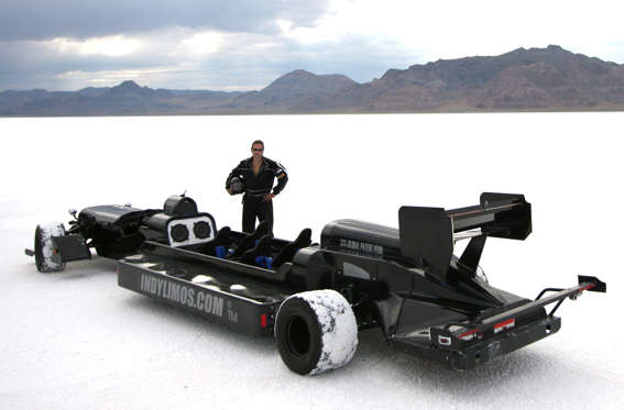 Editorial use only, no stock, merchandising, advertising or books. Credit must be used.
Mandatory Credit: Photo by REX_Shutterstock (840151e)
Michael Pettipas with his street legal Formula One limousine
The street legal Formula One limousine by Michael Pettipas, Bonneville Salt Flats, Utah, America - Jan 2009
This would make any stag or hen do goes with a whiz - a Formula One limousine.

The amazing seven-seater car goes from 0-60mph in five seconds and can reach a top speed of 140mph.

Canadian Michael Pettipas spent two years building the vehicle, which is actually legal to drive on normal roads.

And the 45-year-old has been testing on salt flats in the hope of beating the current street legal record of 253mph held by the Bugatti Veyron.

Michael says he was influenced by Pink Panther's pink stretch car and Grand Prix hero Jackie Stewart, but decided to attempt to try something original.

"To be what I thought would be the greatest limousine builder in the world I had to stretch something that had never been stretched before," he says. "And the only thing that had not been stretched was something that had never been allowed on the road: a Grand Prix limo."

Michael's company GP Limos now hires the car out for track days from $200 and he hopes to have one of the vehicles in the UK soon.
