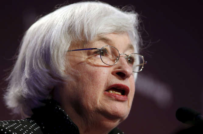 Federal Reserve Chair Janet Yellen addresses the Institute for New Economic Thinking Conference on Finance and Society at the IMF in Washington May 6, 2015. Yellen on Wednesday said the central bank is prepared to take further action to make the financial system safer.  REUTERS/Kevin Lamarque  - RTX1BSVS