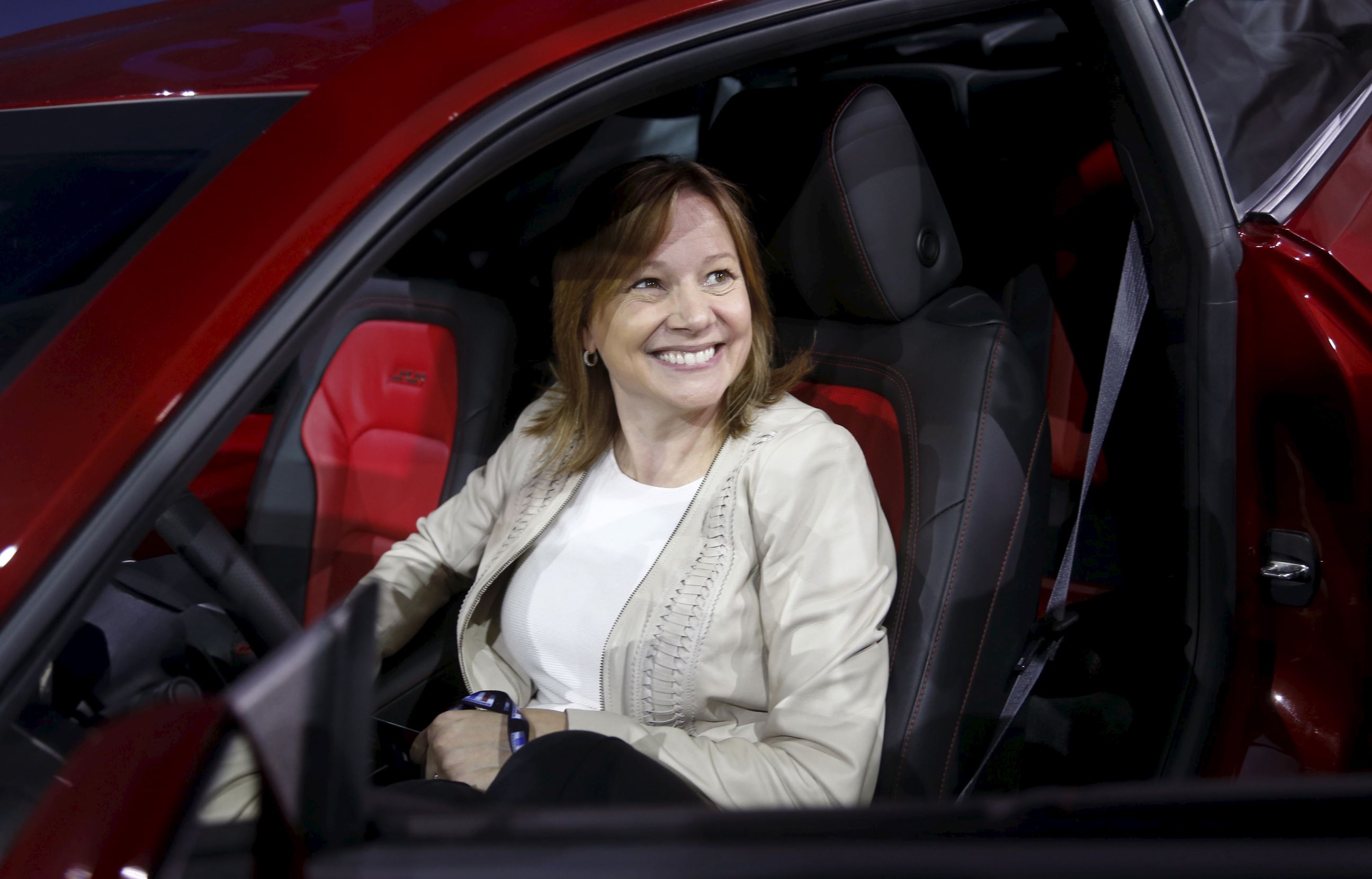 General Motors Co's Chief Executive Officer Mary Barra sits in the driver's seat of the all-new Chevrolet 2016 Camaro SIX during its official debut at Belle Isle in Detroit, Michigan May 16, 2015.  REUTERS/Rebecca Cook - RTX1D9QQ