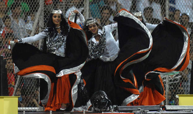 Pune Warriors India cheerleaders in Indian Ethnic attire perform during the match against Kings XI Punjab from the IPL- 4 match at  D Y Patil Stadium, Navi Mumbai on April 10, 2011.