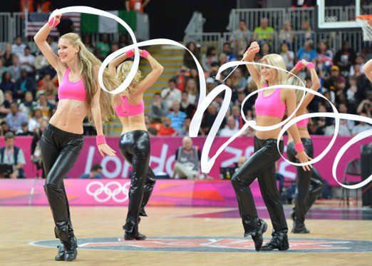 Cheerleaders perform at the end of the men's preliminary round basketball match USA vs Nigeria of the London 2012 Olympic Games on August 2, 2012 at the basketball arena in London. USA won 156 - 73.
