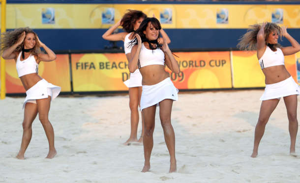 Cheerleaders perfom on the scond day of the Beach Soccer World Cup match  in Dubai, United Arab Emirates, Tuesday, Nov.17, 2009