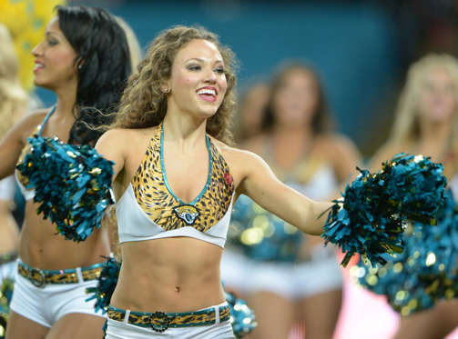 Jacksonville Jaguars cheerleader performs during the NFL International Series game against the San Francisco 49ers at Wembley Stadium.