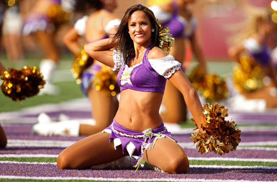 Minneapolis, MN, USA; Minnesota Vikings cheerleader Molly performs during the game with the Atlanta Falcons at TCF Bank Stadium.