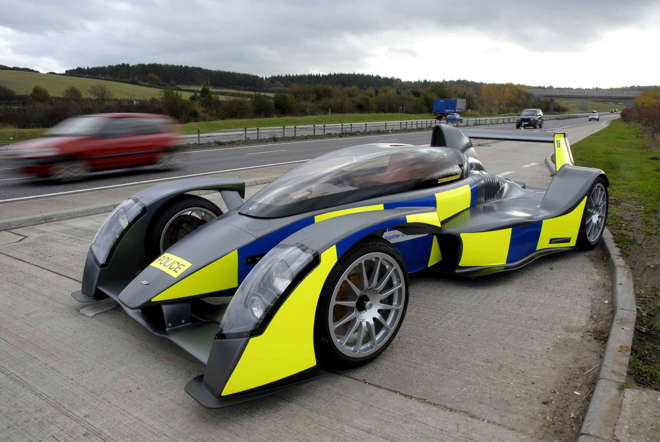 The Caparo T1 car has been looked at by the Met Police in London and this concept high speed pursuit  car version has been featured at recent motor fairs. Developed by engineers that helped deliver the iconic McLaren F1, the Caparo T1 is a new unconstrained sports car that sets new boundaries in performance. The road legal car has a top speed of over 200-mph and accelerates from 0 to 60-mph in 2.5 secs.